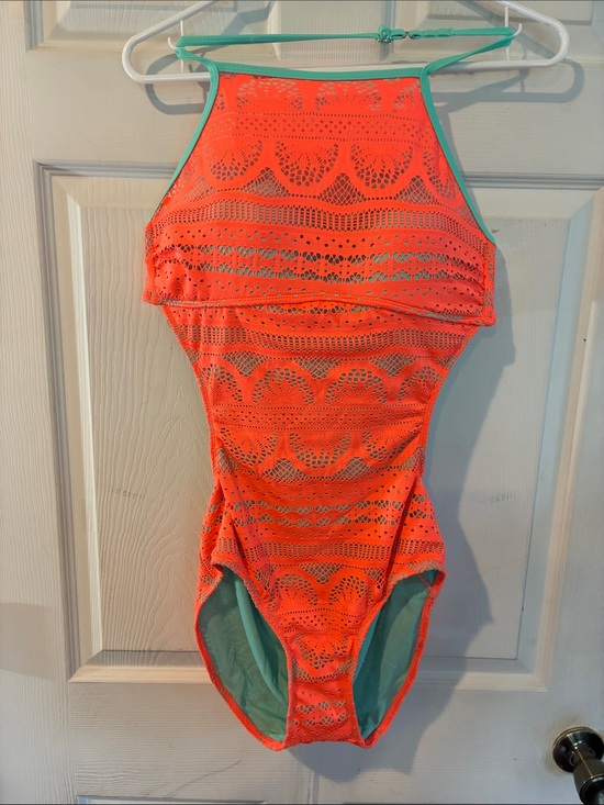 No Boundaries Other - No Boundaries Size 11/13 Neon Coral Crochet One-Piece Swimsuit with Mint Trim